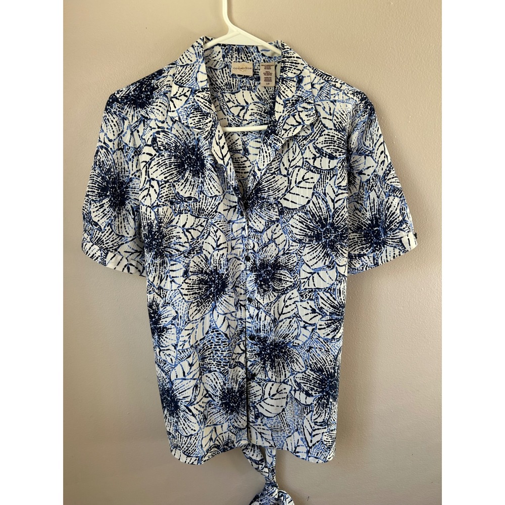 Covington Women's Blue Floral Print Tie Front Short Sleeve Shirt Size L Coastal